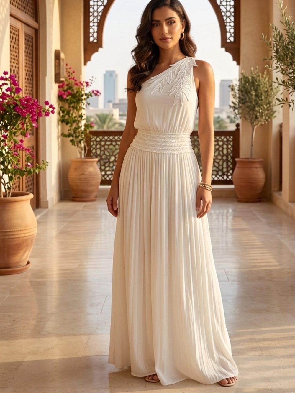 Halston Ivory One-Shoulder Pleated Maxi Dress Large